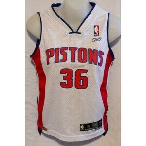 Reebok Detroit Pistons Wallace 36 Basketball Small Jersey Tank Top Shirt w/Pin